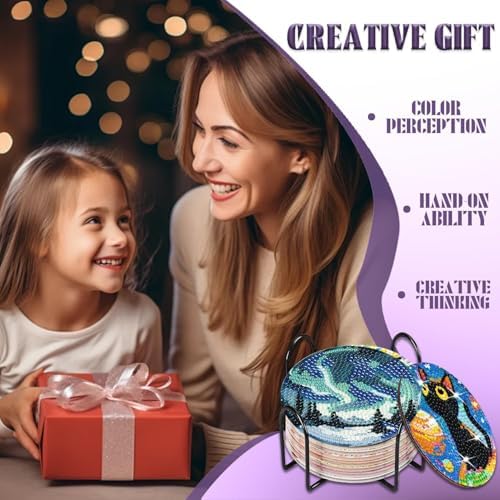 NEGEKFKX 8 Pcs Aurora Diamond Art Painting Coasters Kits,Landscape Coaster with Holder for Adults, Non-Slip DIY Dot Paint Craft Kits,5D Full Drill DIY Diamond Dot Gem Art Kit Home Decor Arts Craft