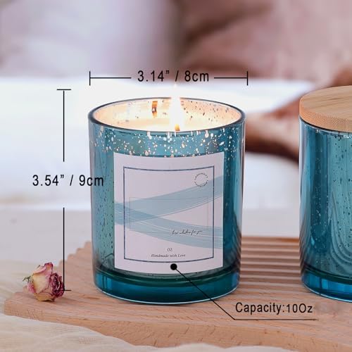 LAMORGIFT 12 Pack Glass Candle Jars with Lids (Lake Blue) - 10 OZ Candle Making Jars - Candle Containers for Making Candles - Mercury Glass Candle Jars Include 12 Pcs Candle Labels.
