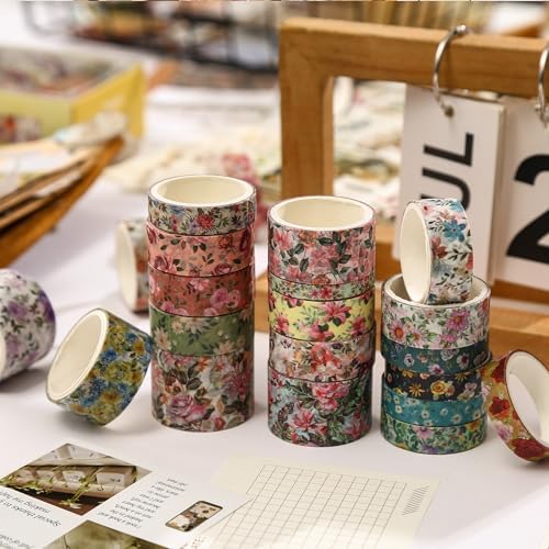 Floral Washi Tape Set - 15 Rolls Flowers Arts Adhesive Tapes Garden Blooms Decorative Masking Tape Sets for Craft, Kids, Scrapbook, DIY, Gift Wrloapping (5-Pastel Garden)