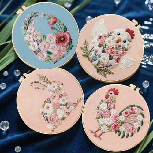 FREEBLOSS 4 Sets Embroidery Kit for Beginners Needlepoint Embroidery Starter Kit with Easter Floral Stamped Patterns, Instructions, Colored Threads, 2 Hoops 11.6"/29.5cm