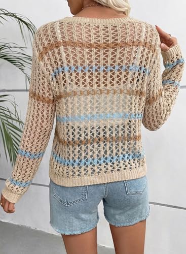 EVALESS Crochet Tops for Women Long Sleeve Hollow Out Knit Sweaters