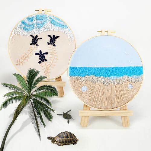 Embroidery Kit for Beginner Adults, Stamped Cross Stitch kits for Adults Beginners, Ocean Hand Embroidery Starter Needlepoint Kit, 2 Set Embroidery Supplies, 2 Hoops (Attached Teaching Video QR Code)