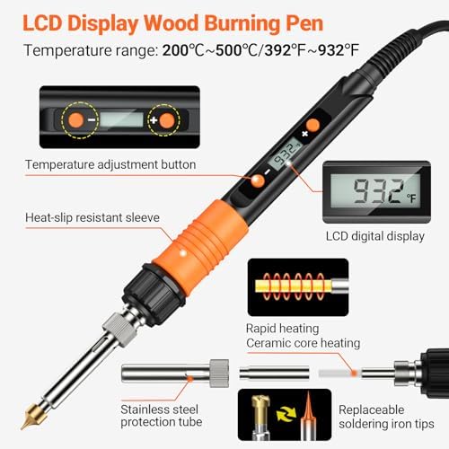 Wood Burning Kit with Digital LCD Display, 100W Fast Heating Pyrography Tool Set, Adjustable 392–932°F Temperature, 29 Tips, Stencils, Colored Pencils & Wood Pieces for Beginners and Professionals