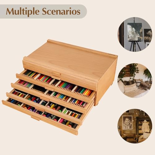 VISWIN Upgraded 6-Drawer Wood Artist Supply Storage Box with Removable Dividers, Premium Beech Wood Art Storage Box, Portable Organizer Box for Paints, Markers, Pencils, Pens, Brushes and Art Supplies