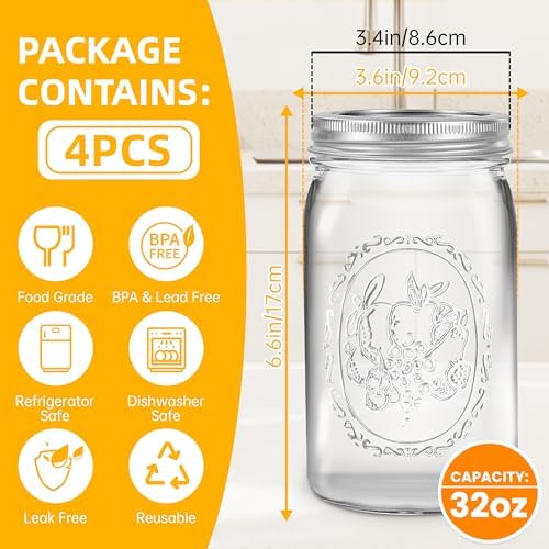 Miuyhji 32 oz Wide Mouth Glass Mason Jars with Lids, 4 Pack for Canning