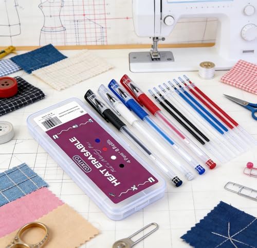 OZXTYO Heat Erasable Fabric Marking Pens 4 Pens + 8 Refills, No Ghost Lines,Disappearing Ink Precision Fabric Markers for Sewing Quilting Embroidery Dressmaking