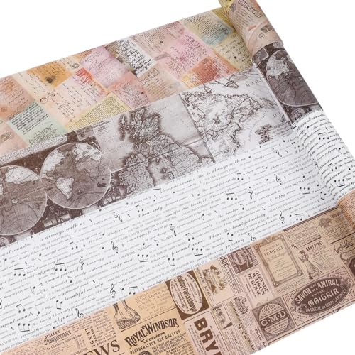 Dizdkizd Vintage Wide Washi Tape Set Map Newspaper Masking Tapes Stickers for Junk Journals, Scrapbooks, Arts & Crafts Tape, Great for Making Cards, Collages, Gift Wrapps, 3.5 Inches × 4 Rolls