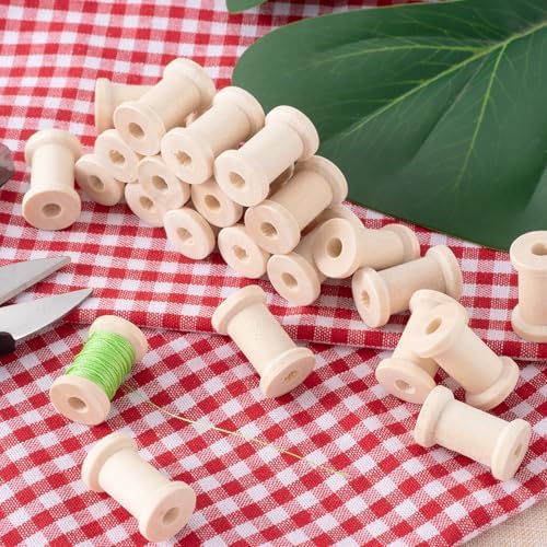 Pndeyo 25pcs Wooden Spools of Crafts, Empty Natural Wood Thread Spools, 1in Unfinished Wooden Textile Bobbin for Organizing Cord Twine Ribbon Chains Elastic Threads- Beige