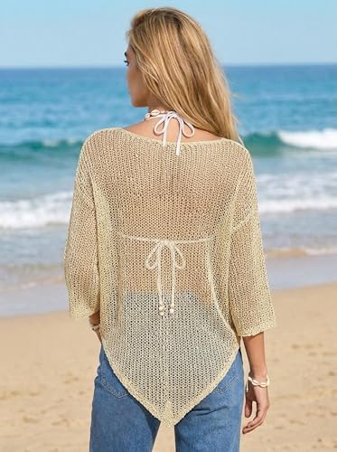 MAKABO Women's Off Shoulder Mesh Knit Cover Up Summer Beach Asymmetrical Vacation Bolero