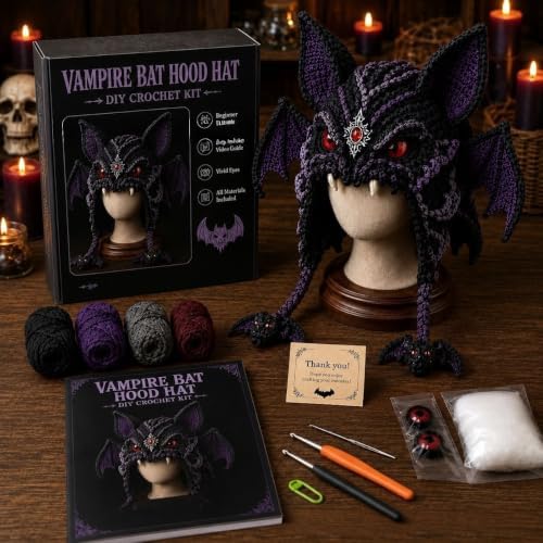 WEERSHUN Fantasy Hood Hat DIY Crochet Kit Series, Animal Hood Hat DIY Crochet Kit for Beginners, Complete Great Experience, Tutorial Guide, Yarn & Hook, Great Birthday Holiday Gift (Bat)