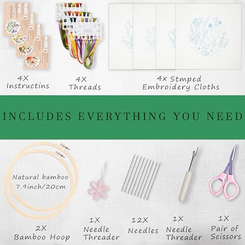 SevFan 4 Sets Embroidery Kit for Beginners Adults,Needlepoint Kits for Adults with Easy Stamped Floral Pattern Fabric Hand Crafts,Bamboo Hoop,Needle,Cloth,Embroidery Kit for Decor Home Room (flower-3)