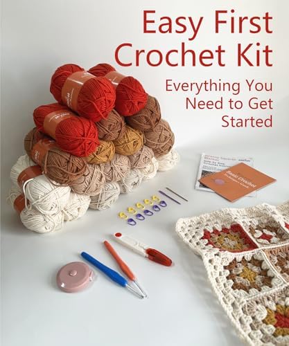 Kitcroet Granny Square Crochet Kit for Beginners, Complete Crochet Blanket Kit with 20 Skeins Yarn, Step-by-Step Video & Written Instructions, 34" x 45" Retro Blanket Starter Kit, Warm Retro Brown
