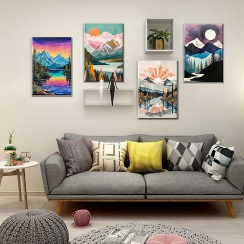 JOOZ 4 Pack Paint by Numbers Kit for Adults with Frame Mountain Landscape Paint by Number with Easel DIY Lake Adult Paint by Number Kits Sunset Easy Oil Painting Kits for Home Wall Decor 8x12 Inch