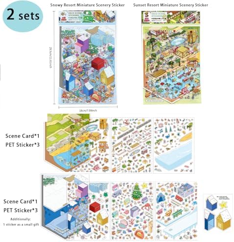 2 Sets DIY 2.5D Scene Stickers – Snow & Sunset Resort Miniature Landscape Stickers for Adults, Scrapbooking, Journaling, Stress Relief & Creative DIY Crafts
