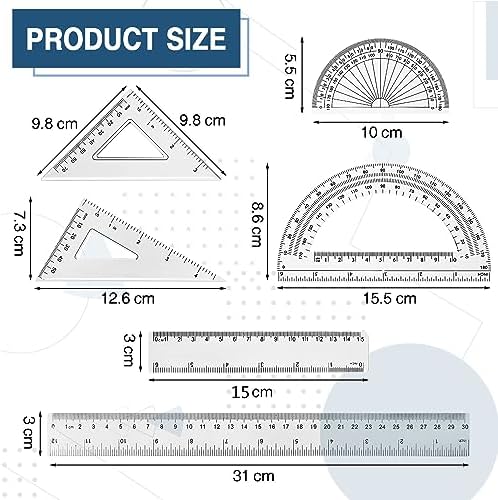 Tenare 6 Pcs Math Geometry Ruler Set, Protractor Triangle School,Clear