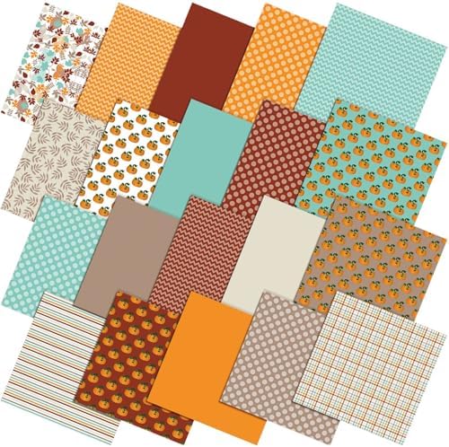 HunnmingRe 20 Pcs 10''x10'' Fall Quilting Fabric Square Autumn Pumpkin Precuts Quilted Fabric Bundle Thanksgiving Maple Polka Dot Stripes Printed Sewing Material for Patchwork DIY Craft Supplies
