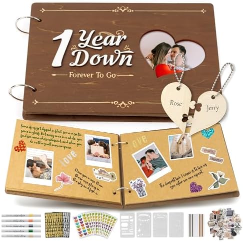 CY2SIDE Couple 1 Year Anniversary Scrapbook - 111PCS 1st Down Photo Wooden Album Scrapbook Craft Kit with Heart Puzzle Brown Paper Sticker Marker Template for DIY Anniversary Dating Gifts for Him Her