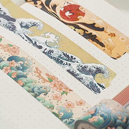 WT Waves of Rebun Washi Tape Set, 4 Rolls, Gold Foil, Decorative Masking Tape, Bujo Planner Supplies, DIY Crafts Tape, Adhesive Wrapping Tape, Paper Tape, Journaling Gifts