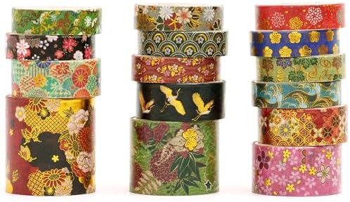 15 Rolls Japanese Sakura Washi Tape Set, Traditional Kimono Decorative Masking Tapes with Gold Foil, Cherry Blossom Arts for Craft, Scrapbook, DIY, Gift Wrapping (4-Kyoto Dance Grace)