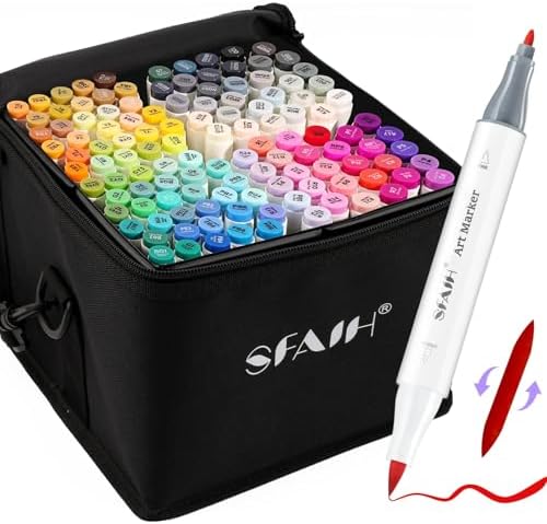 SFAIH Alcohol Markers Brush & Fine - 121 Colors Double Tipped Art Markers for Adult Coloring Illustration, Gifts for Artist Adult - Adjustable Shoulder Strap & Faux Leather Lining & Outer Zip Pocket