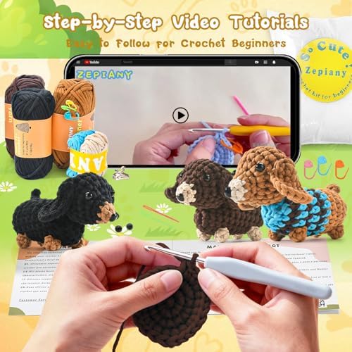Zummipals Crochet Kit for Beginners, Easy Crochet Kit for Adults w Step-by-Step Vid Tutorials, Beginner Knitting Kit, Makes Crochet Animals Dachshund Crochet Kits, Ideal Crochet Gifts (30% EX Yarn)