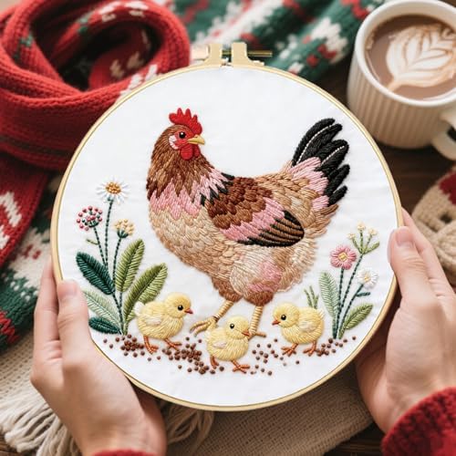 FREEBLOSS 4 Sets Embroidery Kit for Beginners Needlepoint Embroidery Starter Kit with Chicken Theme Stamped Patterns, Instructions, Colored Threads, 2 Hoops 11.6"/29.5cm