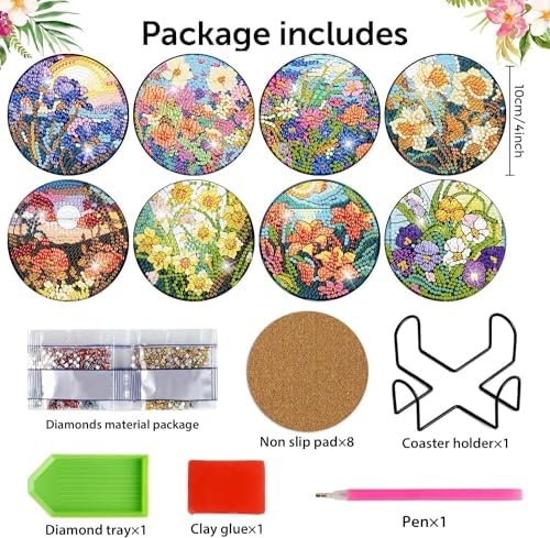 8 Pcs Diamond Art Coasters Kit for Adult with Holder, Diamond Coaster 4x4in