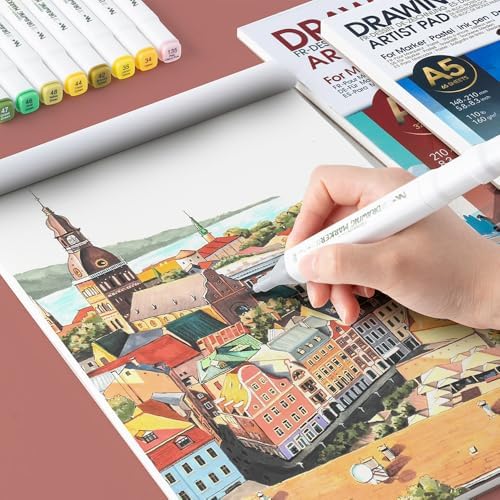 TRANSON A4 Sketchbook Marker Pad, 110lb/160gsm Heavyweight Art Paper, No Bleed Through, 32 Sheets/64 Pages 8.3"x11.7" for Drawing & Sketching