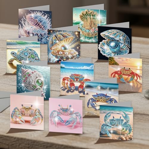 12pcs Diamond Art Painting Cards Beach Crab Seashell Turtle Kit