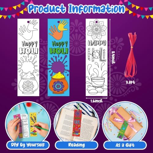72Pcs Holi Color Your Own Bookmarks, Coloring Blank Bookmarks for Kids