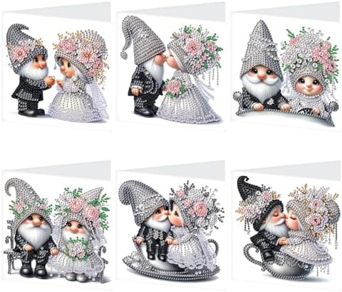 AiYuanzsh Set of 6 Gnome Diamond Painting Greeting Cards – 5D DIY Craft Kits for Handmade Bride and Groom Cards, Perfect for Wedding Gifts and Anniversaries
