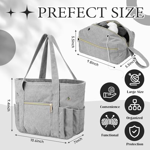 Bulyoou 2 Pcs Crochet Tote and Yarn Bag Set Corduroy Yarn Holder,Grey