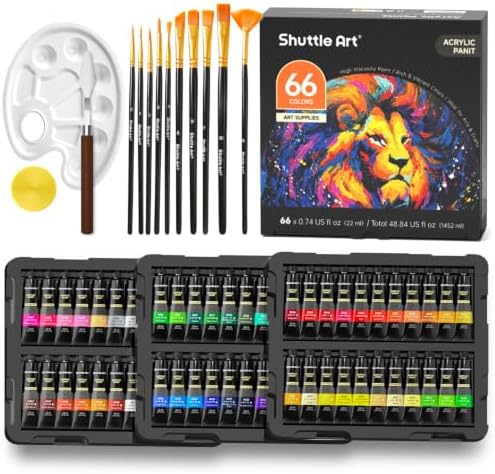 82 Pack Acrylic Paint Set, Shuttle Art 66 Colors Acrylic Paint with 10 Brushes, 22ml/0.74oz Tubes, Vibrant Colors, Artist Painting Supplies for Kids, Adults Painting & Crafting on Canvas, Wood Ceramic