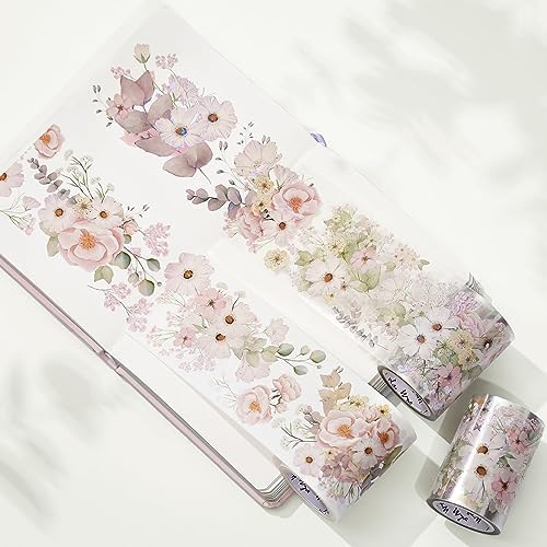 WT Blush Wide PET Tape, Single Roll, Original Designs, Watercolor Pink Floral Decorative Tape, Transparent Adhesive for Journaling, Scrapbooking, Bujo Planner DIY Craft Supplies