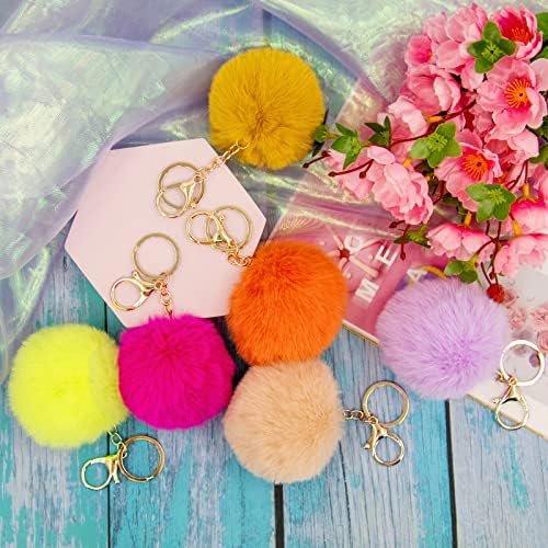 BQTQ 18 Pieces Pom Pom Keychains Rabbit Faux Fur Balls with Golden Hooks