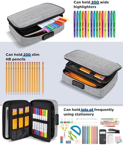 Zannaki Large Capacity Pencil Pouch Case with Lock, Pen Marker Stationery Bag Art Supply Storage Organizer Box for Bullet Journal Middle High School College Student Teen Girl Boy Women Adult, Grey