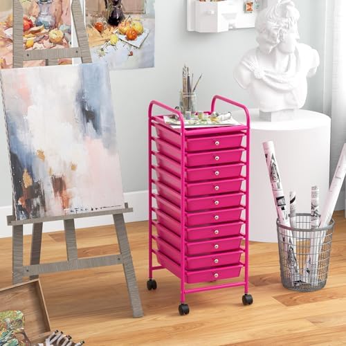 Storage Cart, Rolling Utility Cart with 10 Drawers, Portable Handles & Lockable Wheels, Mobile Paper Toys Storage Organizer Large Capacity for Home Office School Teacher (Hot Pink)