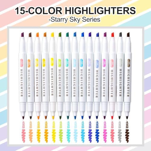 15 Count Dual-Tip Highlighters, Pastel Colors Fine & Bold Tip, Quick-Dry Non-Bleeding Highlighter Markers for Bible Journaling,School,Office,Notes (15 colors highlighters - Starry Sky Color)