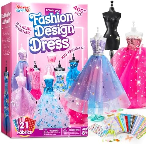 Klever Kits 400+PCS Fashion Design Crafts for Kids, Art and Crafts, DIY Sewing Kits with 3 Mannequins for Girls Aged 8-12, Toys for Kids, Birthday Presents, Doll Clothes