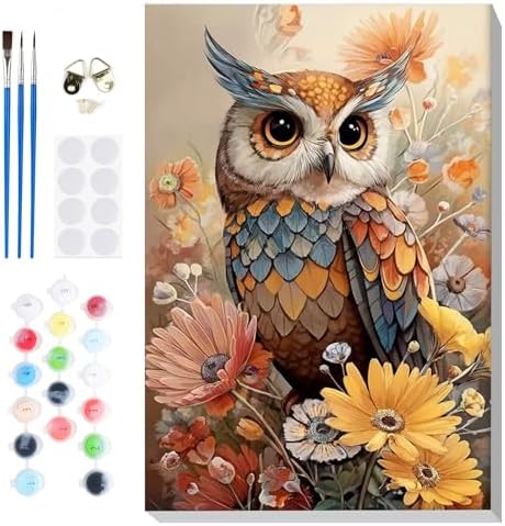 Bowetile Paint by Numbers Owl Kit for Adults, Framed Painting by Numbers Animal, Adults' Paint-by-Number Kits on Canvas, Acrylic Flower Number Painting Gifts for Home Wall Decor, 8x12in