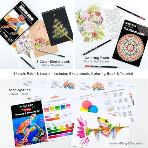KALOUR PDAS 127 Drawing Set Sketching Kit, Pro Art Supplies with 3-Color Sketchbook & Coloring Book, Neon, Colored, Watercolor, Metallic, Graphite, Charcoal Pencils, Gift for Artists Adults Teens