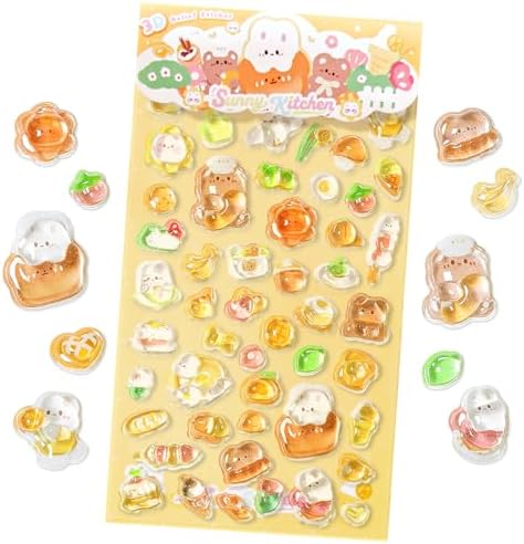Kawaii 3D Puffy Stickers, Cute Bread & Rabbit Relief Stickers, Waterproof Aesthetic Decals for Journaling, Scrapbooking, Water Bottles, Laptops, DIY Crafts, Sunny Kitchen Food Themed
