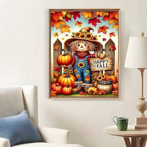 Happy Fall Scarecrow Diamond Painting Kits for Adults, 5D Pumpkin Diamond Art Kits for Adults Beginners, DIY Full Round Drill Diamond Dot Painting Gem Art Kits for Adult,Home Wall Decor 11.8x15.7 Inch
