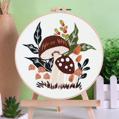 Zhenqing Mushroom Embroidery Kit for Beginners, Woodland Botanical Needlework Kit with Pre-Printed Fabric, Hoop, Threads & Tools, Cottagecore Wall Decor (S-CX0910)