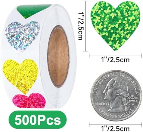 Anwyll Heart Stickers - 500Pcs 1Inch Valentines Day Heart Stickers Glitter Colored Heart Shape Sticker for Reward Classroom Self Adhesive Love Incentive Sticker for Envelope Seal Card Birthday Wedding