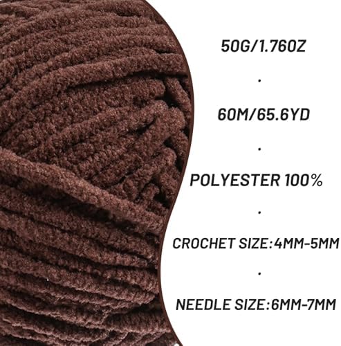 2 Packs Plush Chenille Chunky Crochet Yarn - Baby Yarn for Crocheting Soft - Velvet Yarns Knitting for Blankets Crafts - Fluffy Amigurumi Yarns 100g/131yds (2 Dark Coffee)
