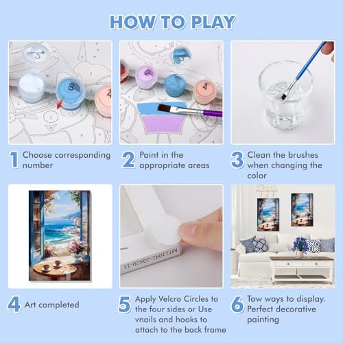 Bowetile Framed Landscape Paint by Numbers Kit for Adults, Adults' Paint-by-Number Kits on Canvas, Painting by Numbers Seaside, Acrylic Number Painting for Home Wall Decor, 8x12in