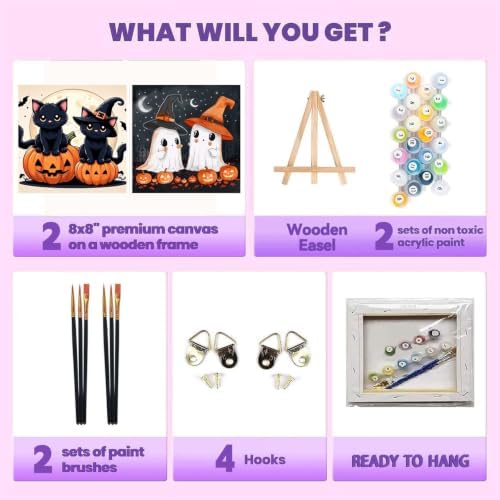 2 Pack Halloween Paint by Numbers Kit for Kids with Frame, Gift, 8x8Inch