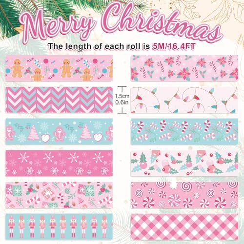 Whaline 12 Rolls Christmas Washi Tape Masking Tape Set Pink Candy Cane Gingerbread Man Decorative Wrapping Paper Tapes for Xmas Scrapbook Journal DIY Art Crafts
