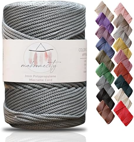 Makromecity, Premium Polyester Macrame Cord 3mm x 131 Yards (394 feet) 3mm Polypropylene Grey Macrame Cord Crochet Macrame Bag Cord Crafts for Wall Hangings, Bags, Underplate, Rug